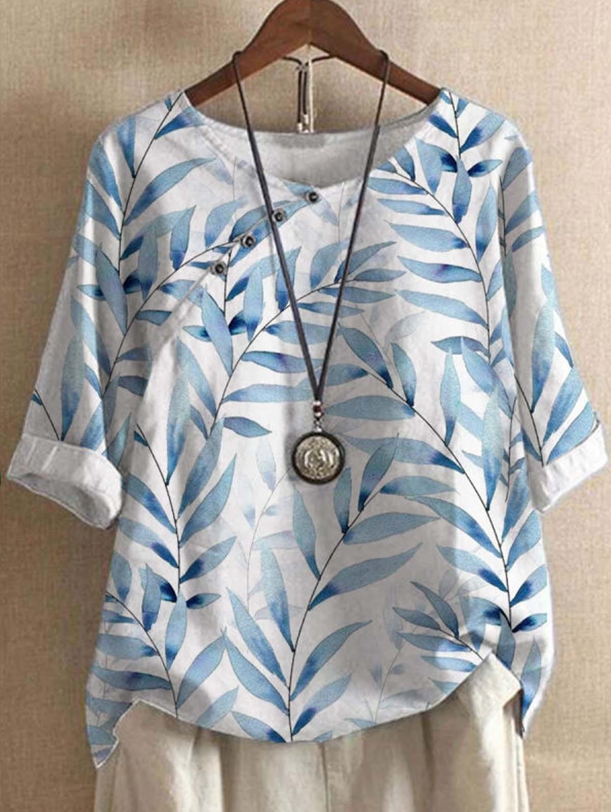 Cotton and Linen Botanical Print Crew Neck Loose Shirt