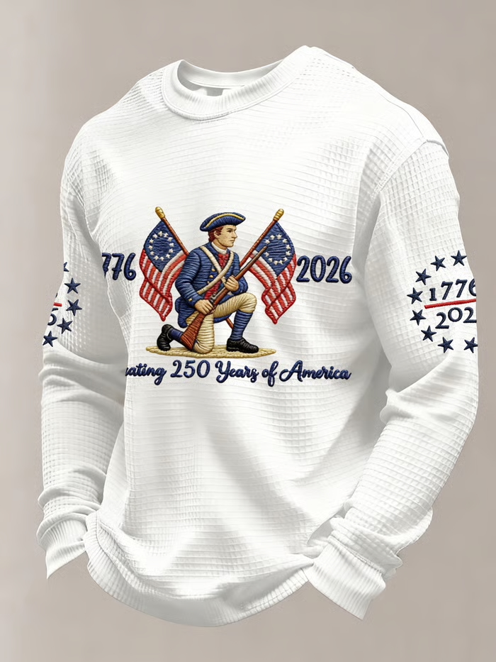 Men's Vintage American Flag Print Top - 250th Anniversary (1776-2026) Patriotic Soldier Embroidery Waffle Knit Long Sleeve Crew Neck Casual Tee