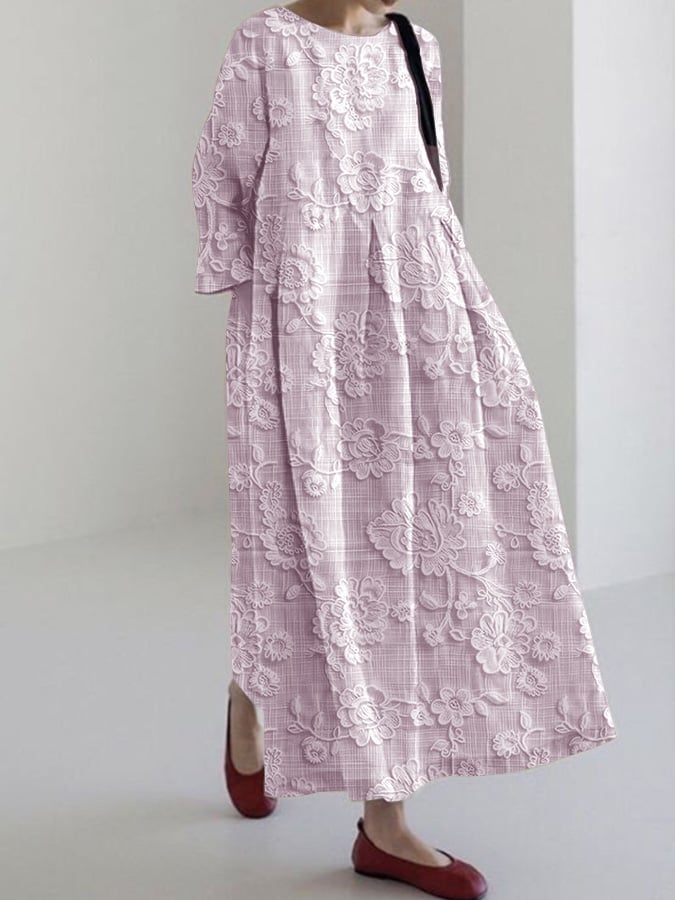 Women's Cotton And Linen Pink Lace Print Dress