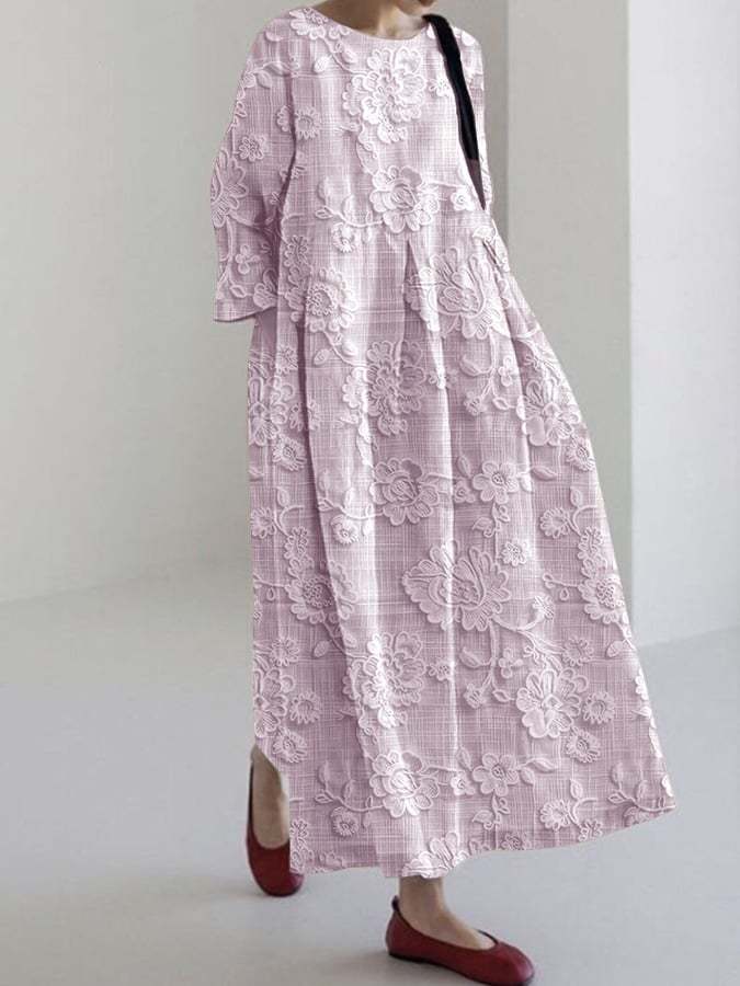 Women's Cotton And Linen Pink Lace Print Dress
