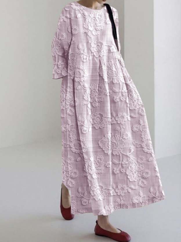 Women's Cotton And Linen Pink Lace Print Dress