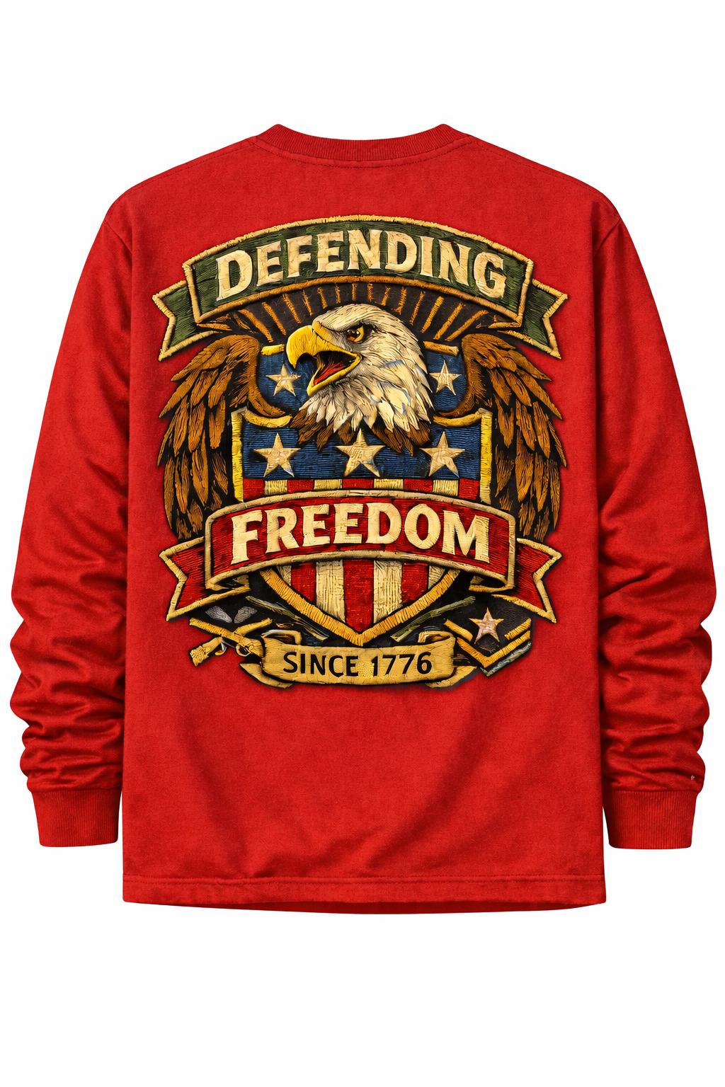 Men’s 250th Anniversary Patriotic Long Sleeve T-Shirt – Retro Military Patch Eagle Shield “Defending Freedom Since 1776”