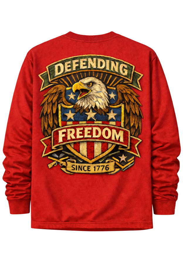 Men’s 250th Anniversary Patriotic Long Sleeve T-Shirt – Retro Military Patch Eagle Shield “Defending Freedom Since 1776”