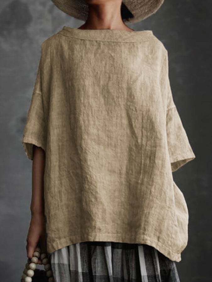 Ladies Cotton Linen Round Collar Loose Casual Shirt