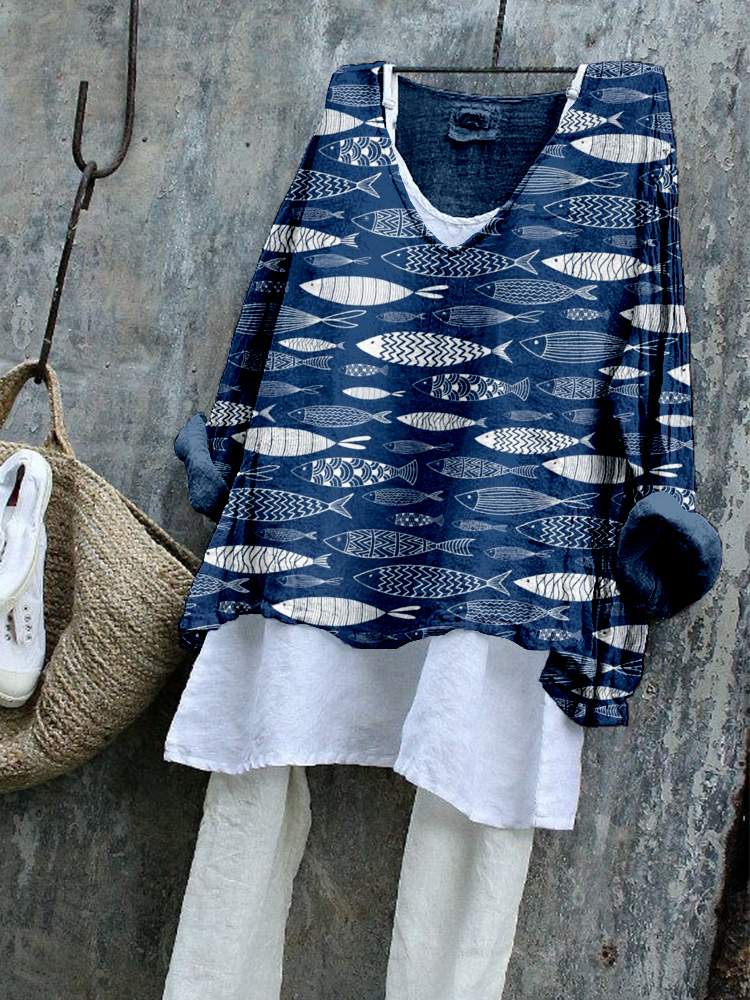 Vintage Fish Art Pattern Linen Blend Flowy Tunic
