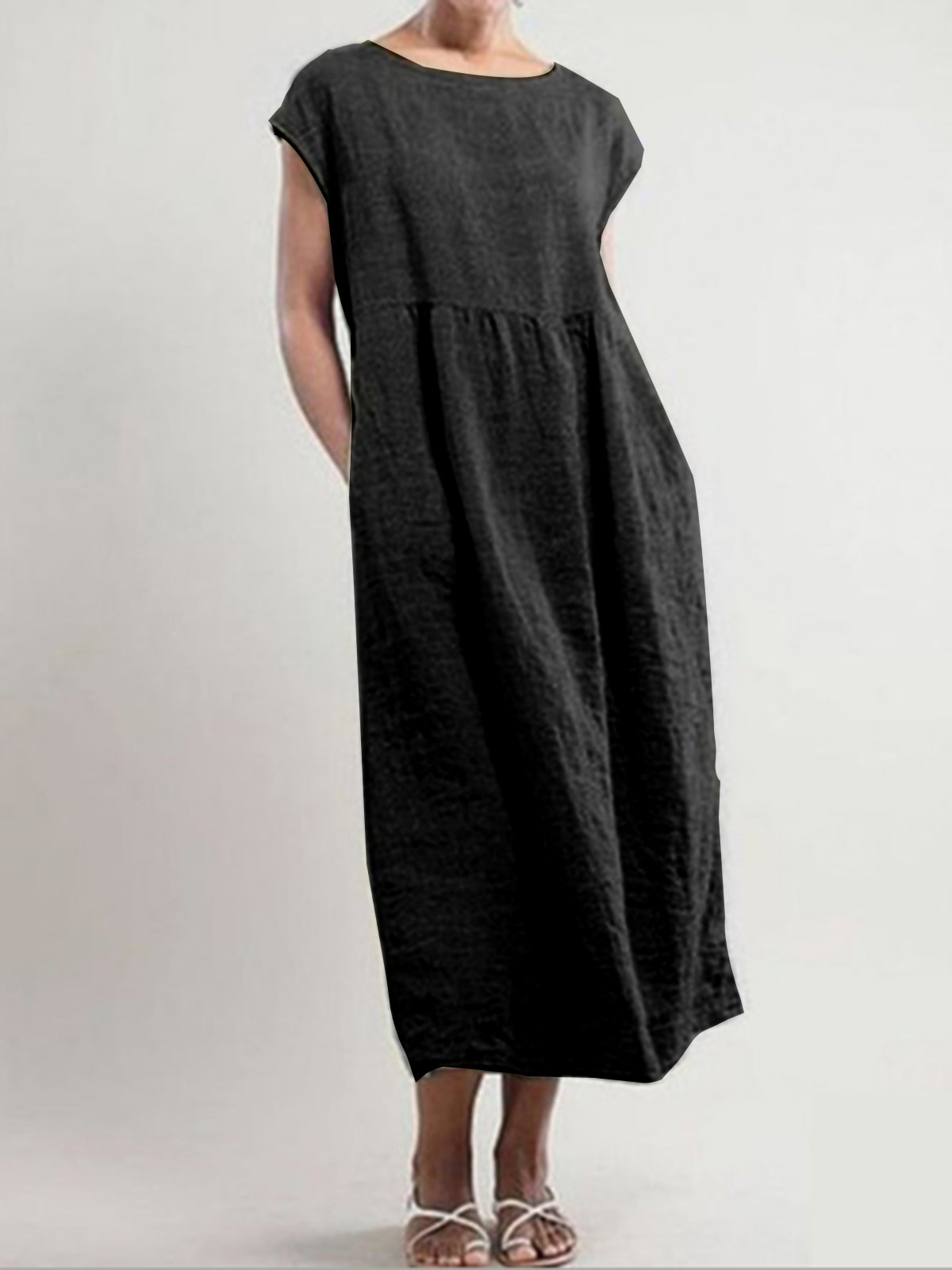 Greattioa-Solid color sleeveless loose cotton and linen pocket dress