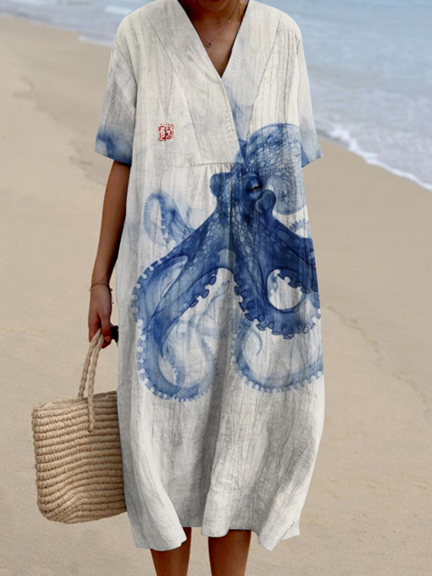 Vintage Ethereal Octopus X-Ray Art Pattern Printed Women's Flowy Dress