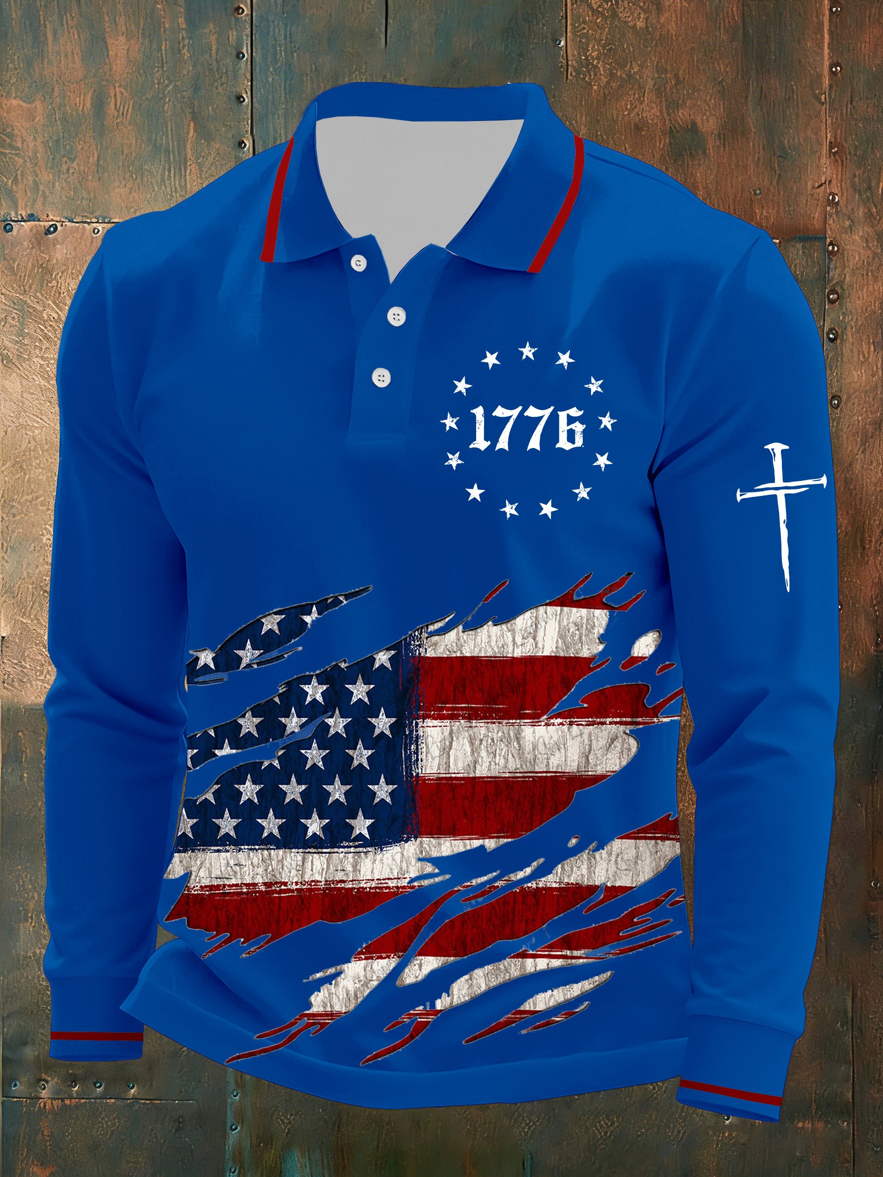 Patriotic 1776 American Flag Print Long-Sleeve Polo Shirt – Distressed