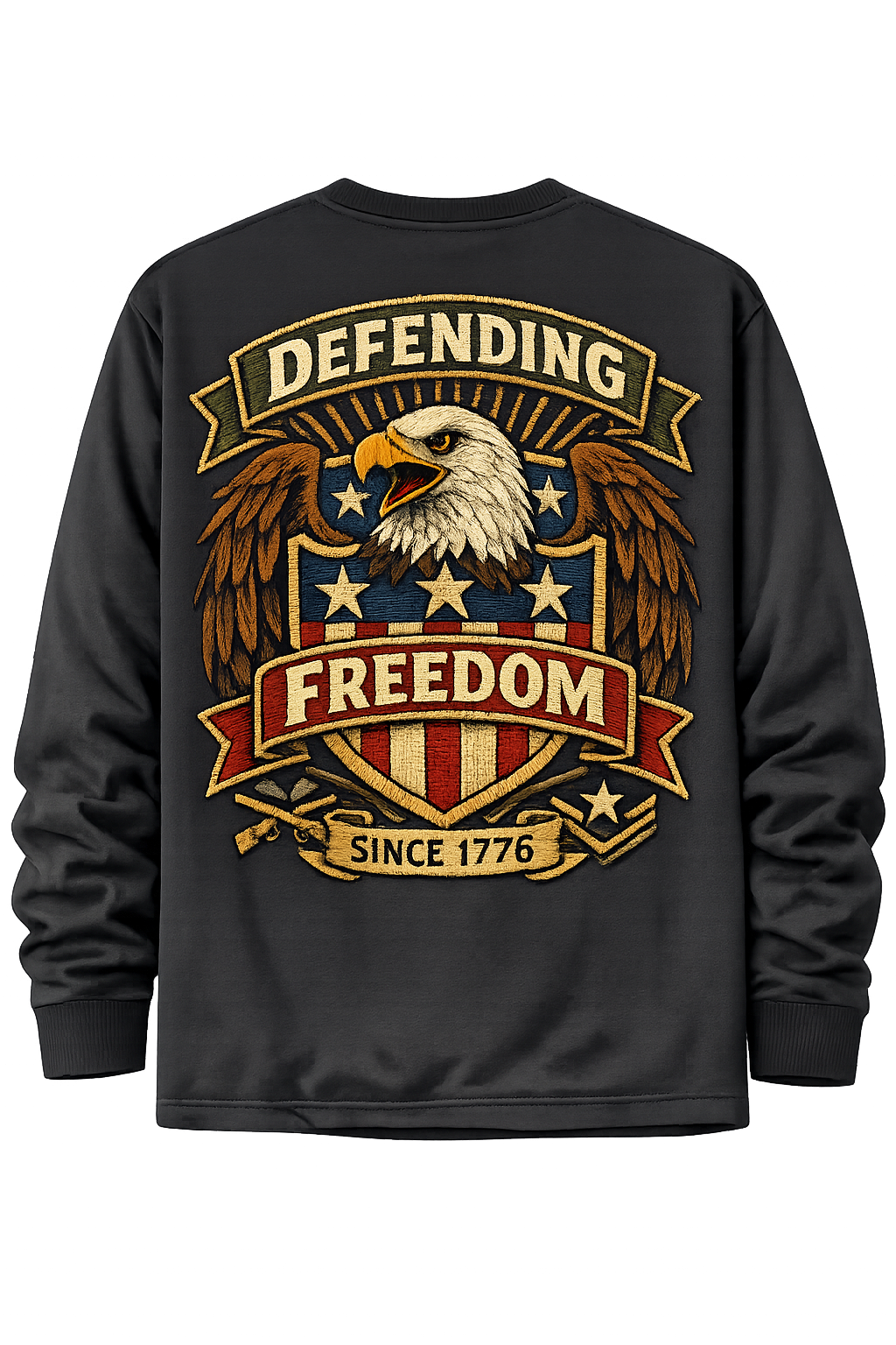 Men’s 250th Anniversary Patriotic Long Sleeve T-Shirt – Retro Military Patch Eagle Shield “Defending Freedom Since 1776”