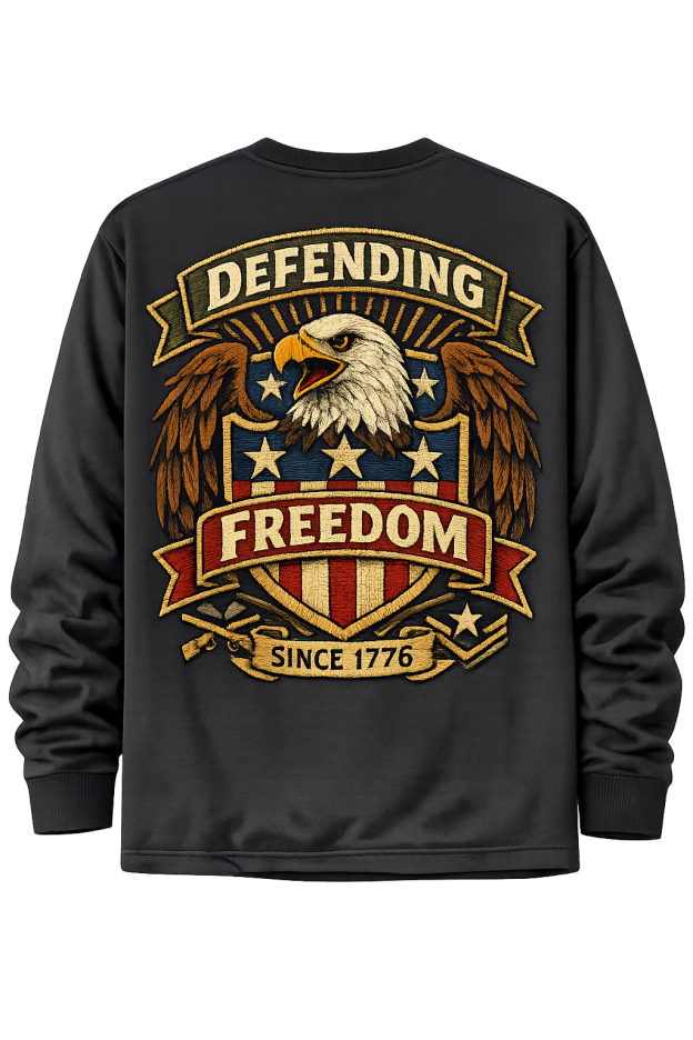 Men’s 250th Anniversary Patriotic Long Sleeve T-Shirt – Retro Military Patch Eagle Shield “Defending Freedom Since 1776”