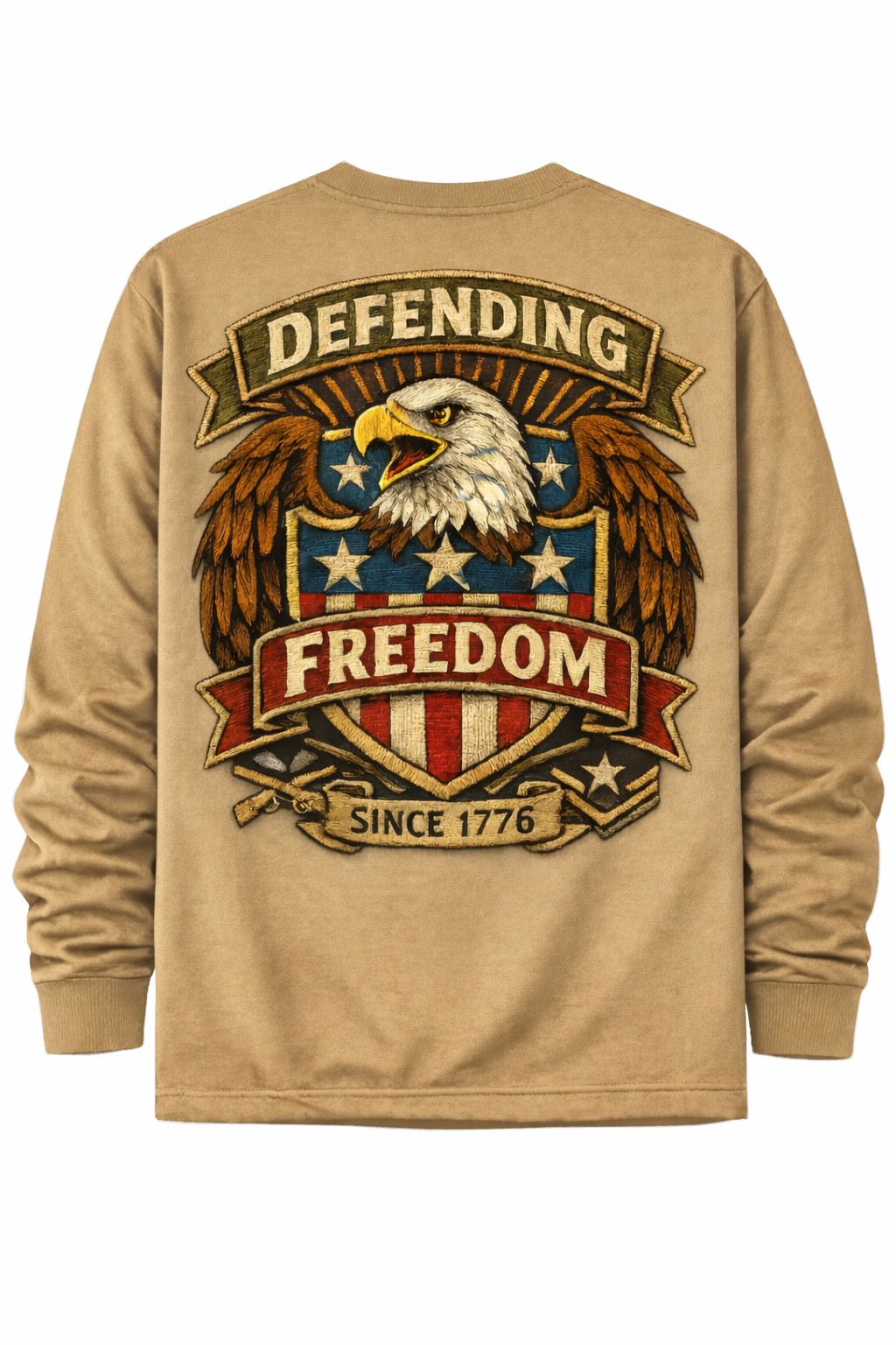 Men’s 250th Anniversary Patriotic Long Sleeve T-Shirt – Retro Military Patch Eagle Shield “Defending Freedom Since 1776”