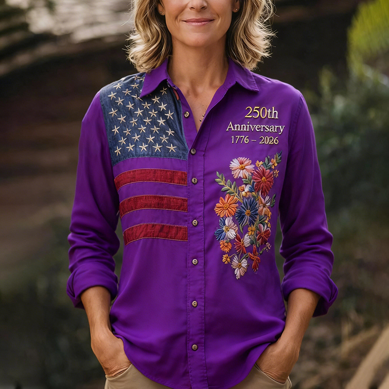 Women's 250th Anniversary American Flag Floral Embroidered Button-Up Shirt