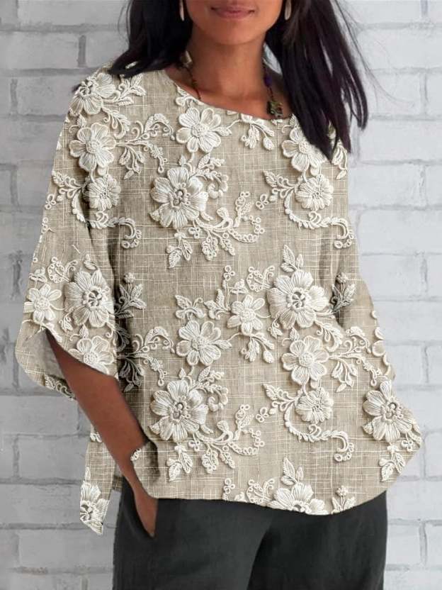 Women's Cotton And Linen Floral Lace Embroidered Print Top