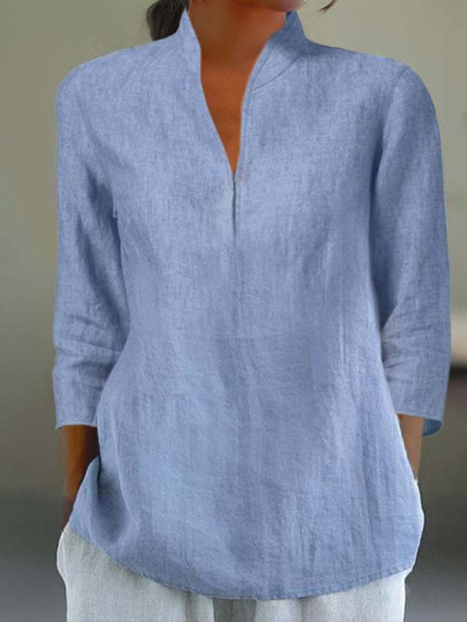 Solid Color Spring And Autumn Cotton Linen Casual Top With Stand Colla