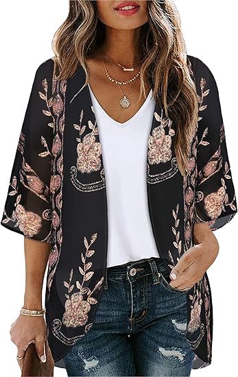 Women's Floral Print Puff Sleeve Kimono Cardigan Loose Cover Up Casual Blouse Tops