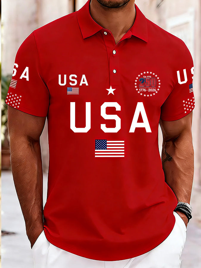 Men's Casual American 250th Anniversary Print Polo Shirt