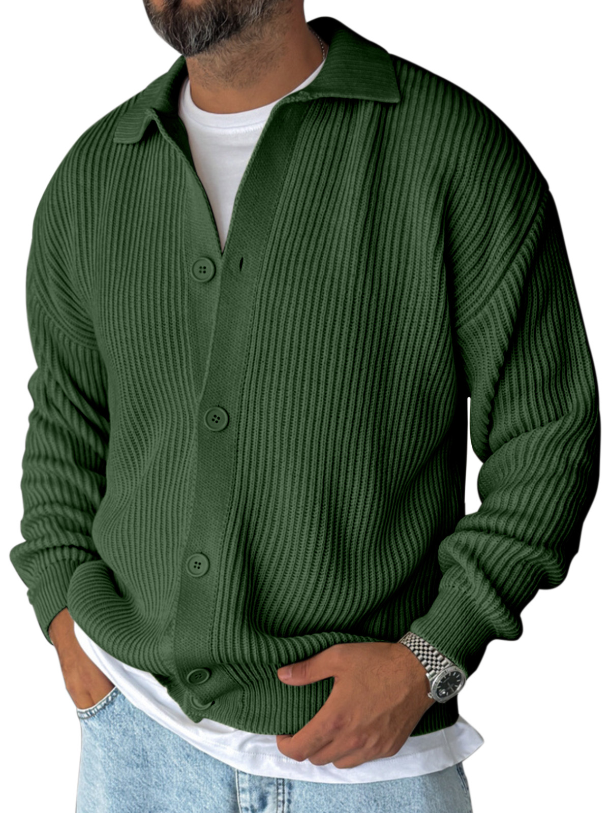 Versatile Men's Lapel Solid Color Loose Long-sleeved Knitted Cardigan