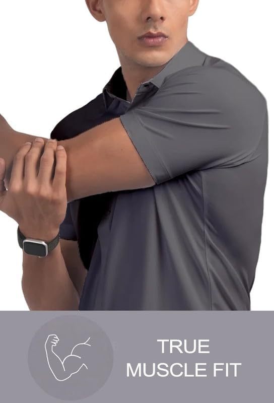 Men’s Muscle Fit Dress Shirts Athletic Slim Fit Short Sleeve Stretch Casual Button Down Shirt