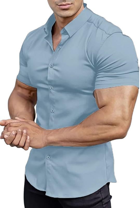 Men’s Muscle Fit Dress Shirts Athletic Slim Fit Short Sleeve Stretch Casual Button Down Shirt