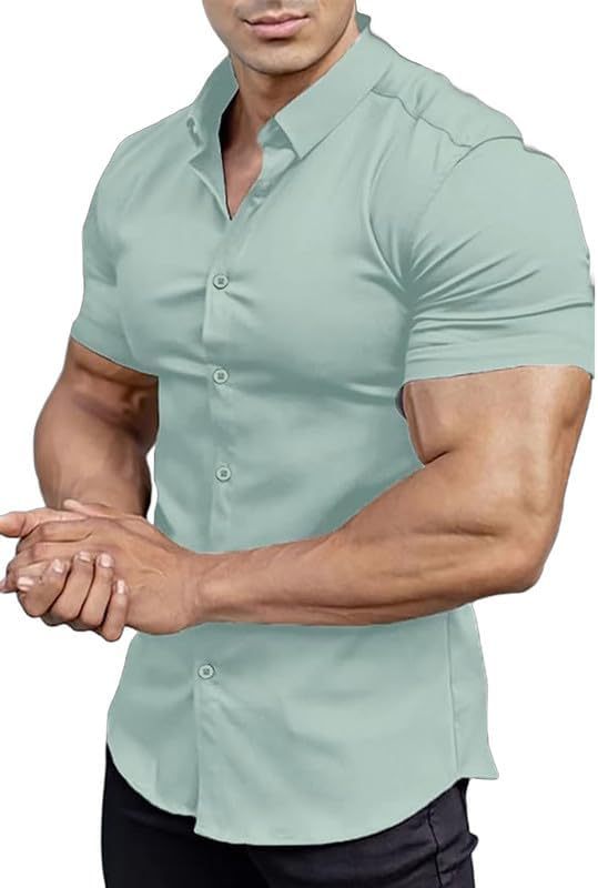 Men’s Muscle Fit Dress Shirts Athletic Slim Fit Short Sleeve Stretch Casual Button Down Shirt