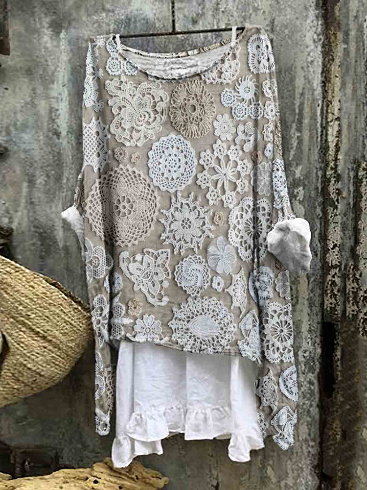 Vintage Floral Lace Embroidered Linen Blend Flowy Tunic