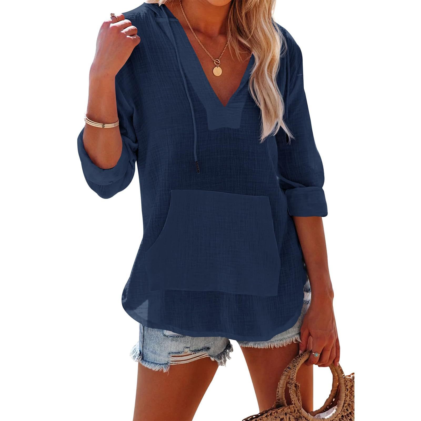 Women's Oversized Hooded Beach Cover Up - Long Sleeve V-Neck Pocket Shirt