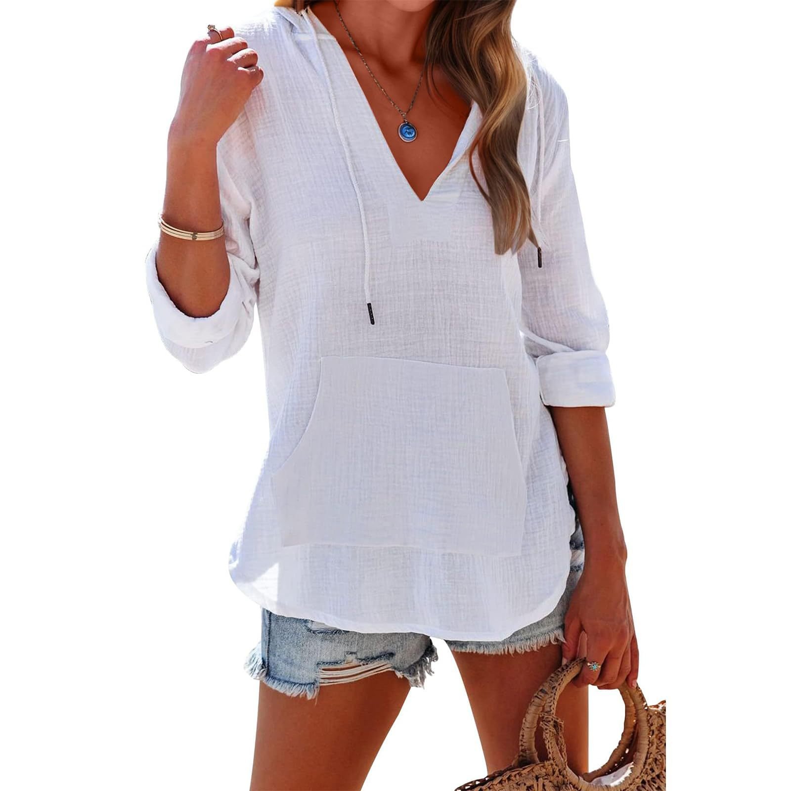 Women's Oversized Hooded Beach Cover Up - Long Sleeve V-Neck Pocket Sh