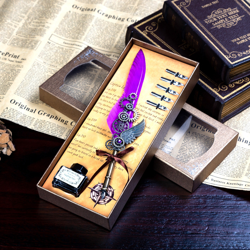 🎅🎁Best Christmas Gift 50%OFF - Deluxe Gift Boxed Retro Feather Calligraphy Dip Quill Pen Set - Natural Goose Flight Wing