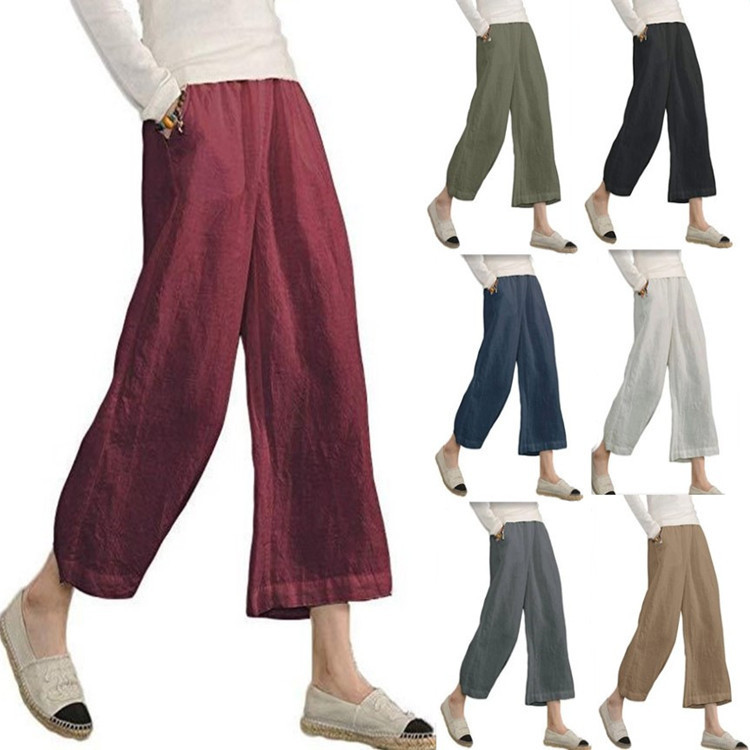 Women's solid color hand-made cotton and linen loose casual wide leg niners