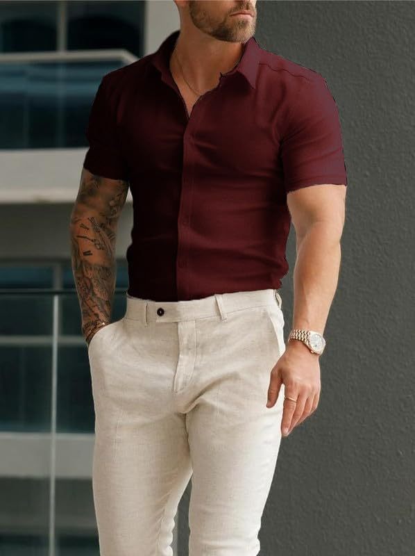 Men’s Muscle Fit Dress Shirts Athletic Slim Fit Short Sleeve Stretch Casual Button Down Shirt
