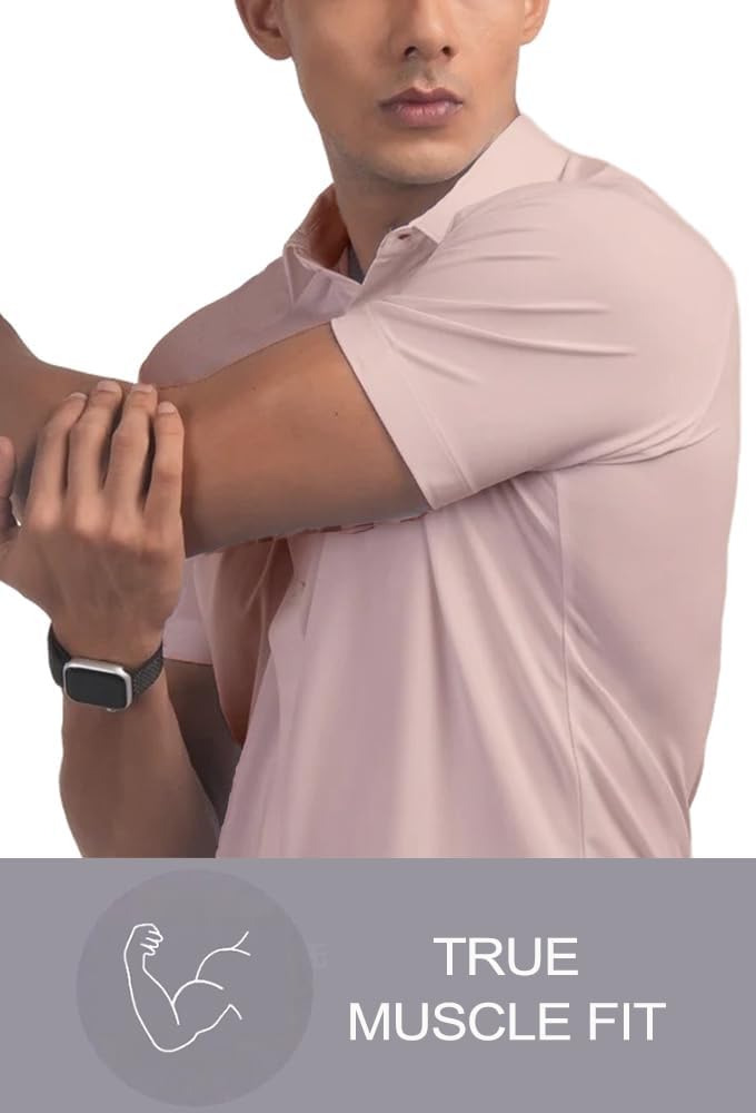 Men’s Muscle Fit Dress Shirts Athletic Slim Fit Short Sleeve Stretch Casual Button Down Shirt