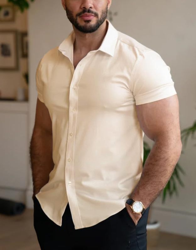 Men’s Muscle Fit Dress Shirts Athletic Slim Fit Short Sleeve Stretch Casual Button Down Shirt