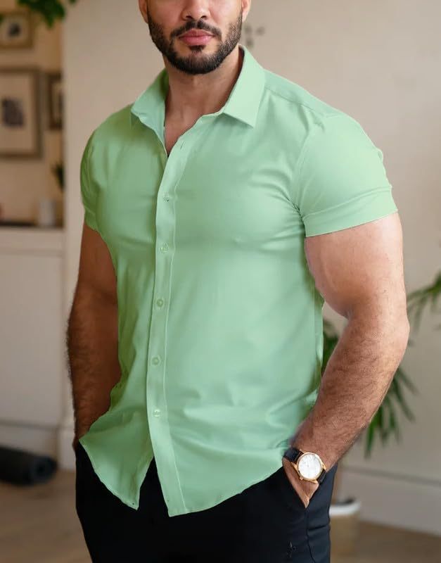 Men’s Muscle Fit Dress Shirts Athletic Slim Fit Short Sleeve Stretch Casual Button Down Shirt