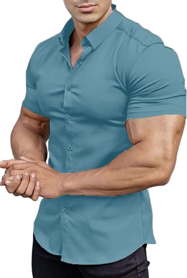 Men’s Muscle Fit Dress Shirts Athletic Slim Fit Short Sleeve Stretch Casual Button Down Shirt