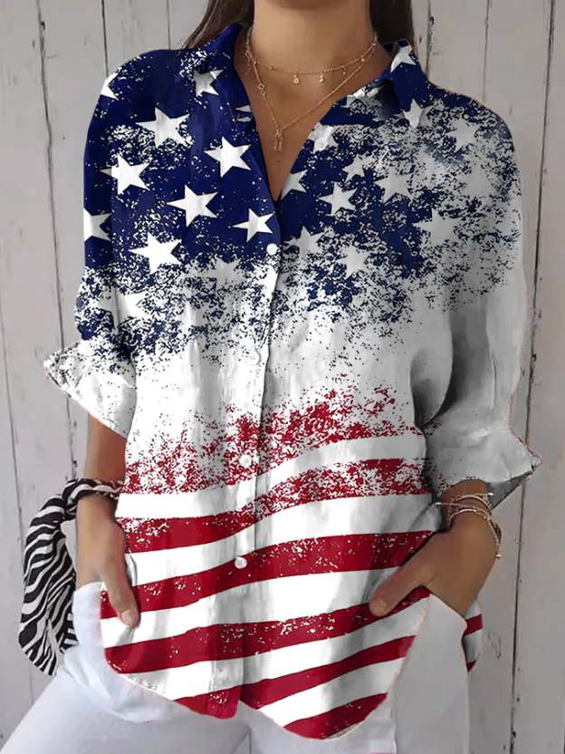 Women's Independence Day Floral Patchwork Art Design Printed Casual Shirt