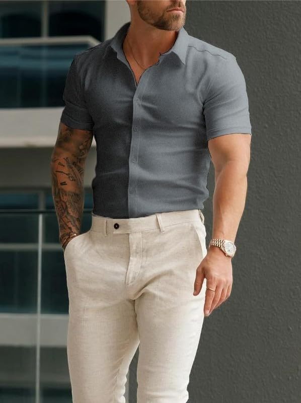 Men’s Muscle Fit Dress Shirts Athletic Slim Fit Short Sleeve Stretch Casual Button Down Shirt
