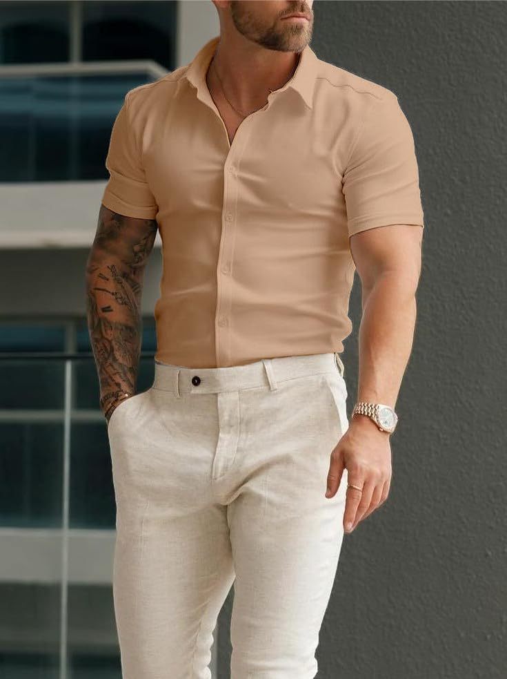 Men’s Muscle Fit Dress Shirts Athletic Slim Fit Short Sleeve Stretch Casual Button Down Shirt