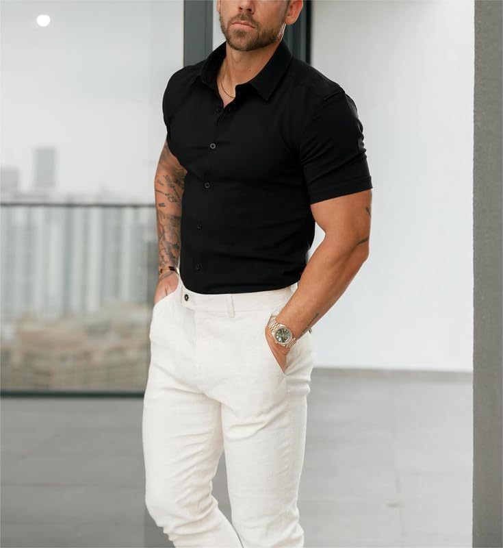 Men’s Muscle Fit Dress Shirts Athletic Slim Fit Short Sleeve Stretch Casual Button Down Shirt