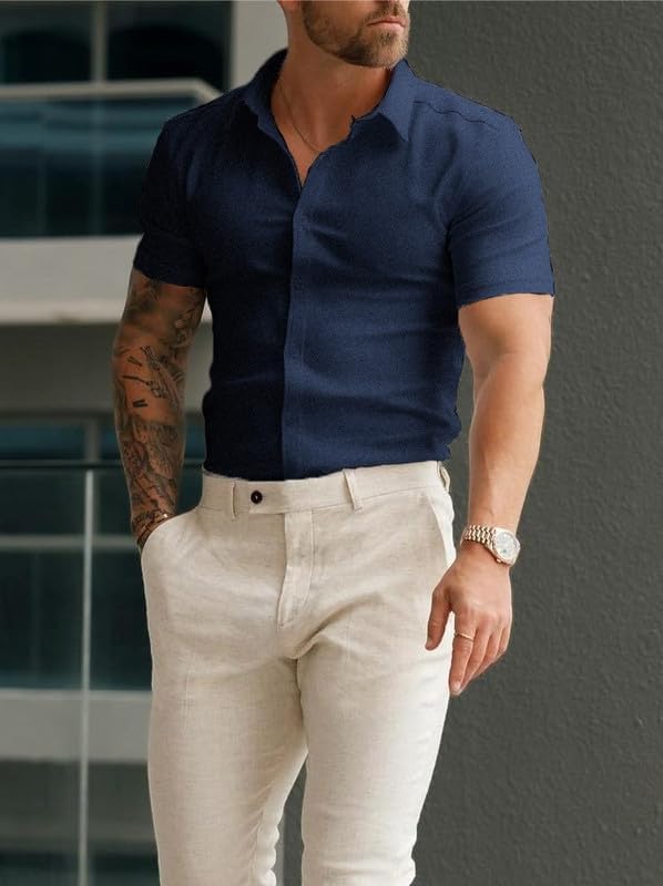 Men’s Muscle Fit Dress Shirts Athletic Slim Fit Short Sleeve Stretch Casual Button Down Shirt