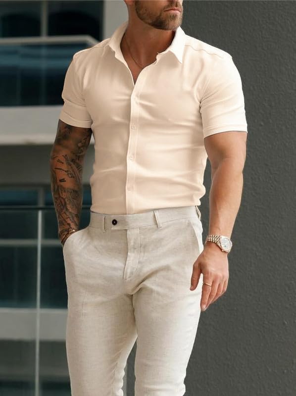 Men’s Muscle Fit Dress Shirts Athletic Slim Fit Short Sleeve Stretch Casual Button Down Shirt