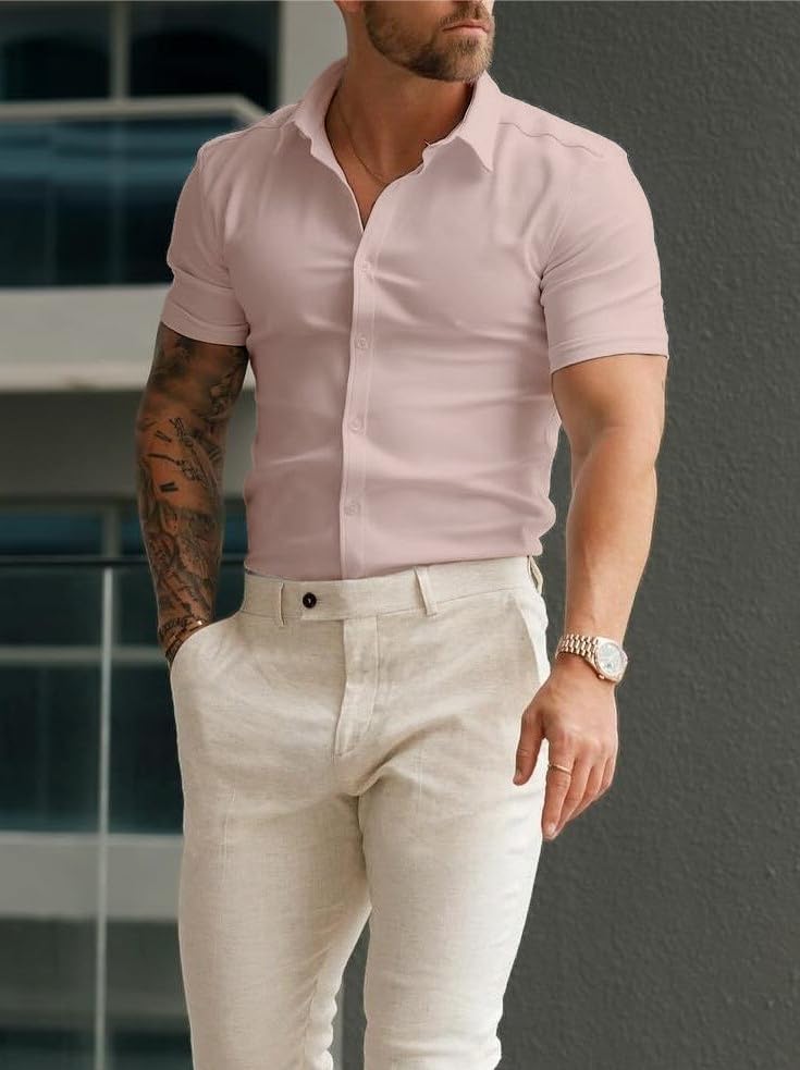 Men’s Muscle Fit Dress Shirts Athletic Slim Fit Short Sleeve Stretch Casual Button Down Shirt