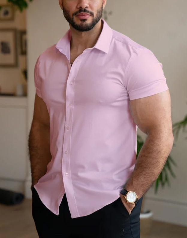 Men’s Muscle Fit Dress Shirts Athletic Slim Fit Short Sleeve Stretch Casual Button Down Shirt