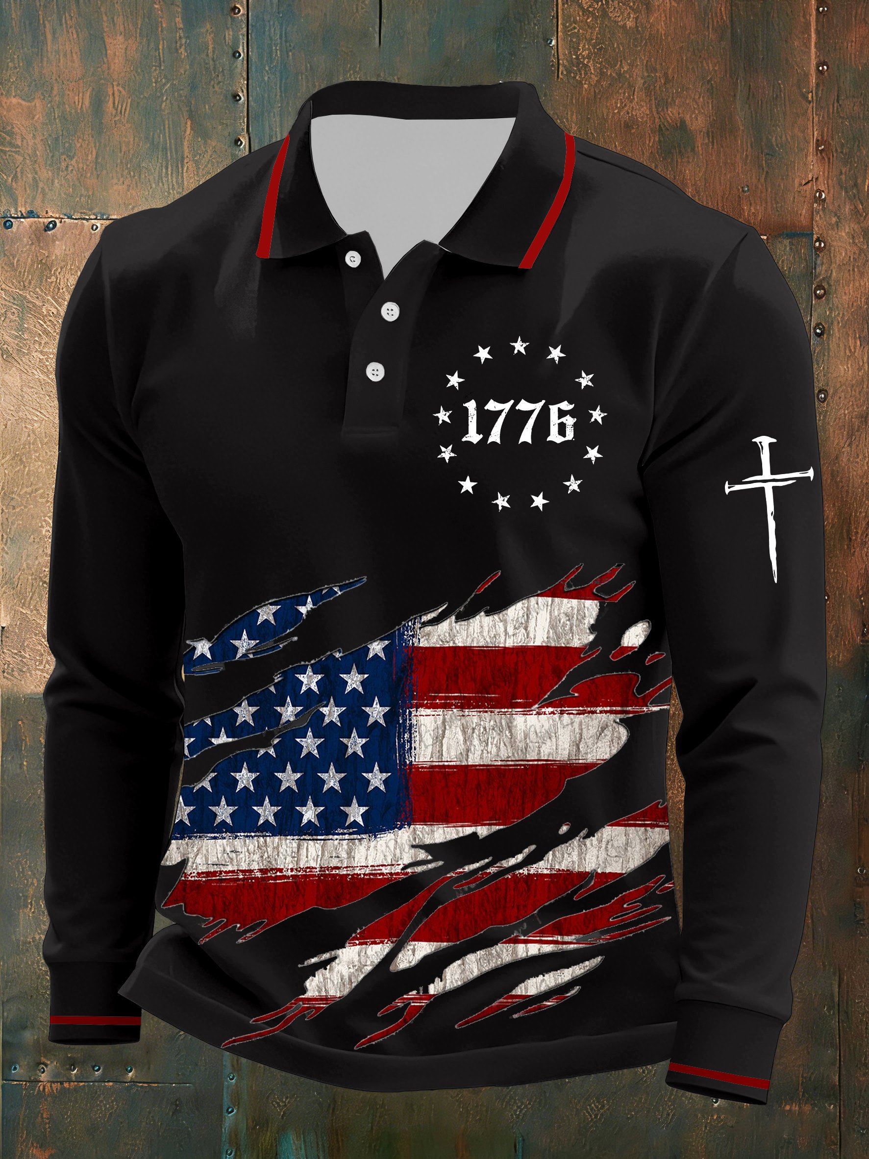 Men's Vintage Flag Faith Cross Printed Casual Long-Sleeved Polo Shirt
