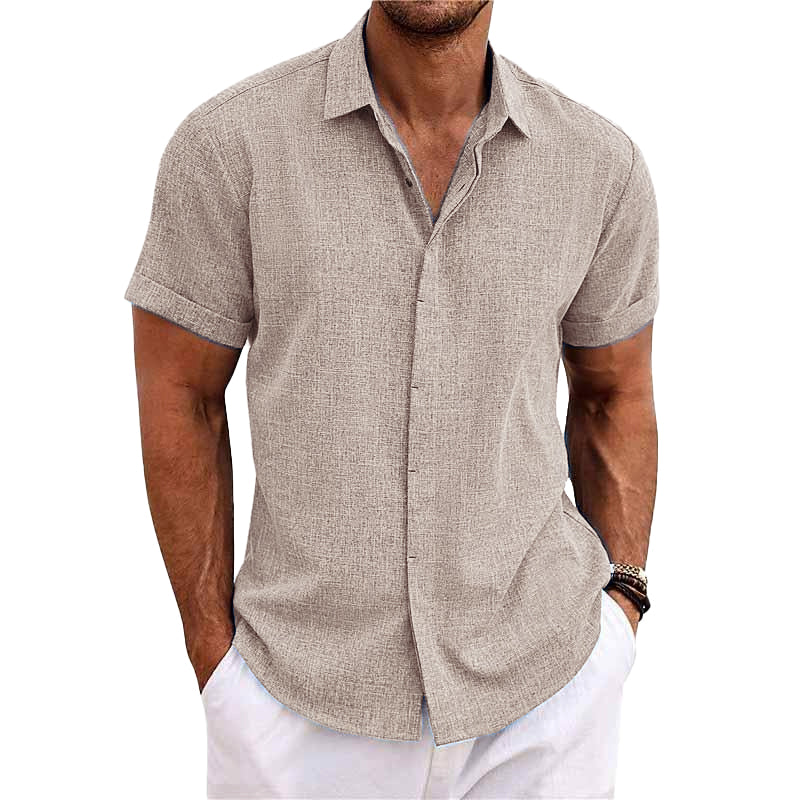 Men's Solid Color Lapel Cotton Linen Short Sleeve Shirt 82339241X