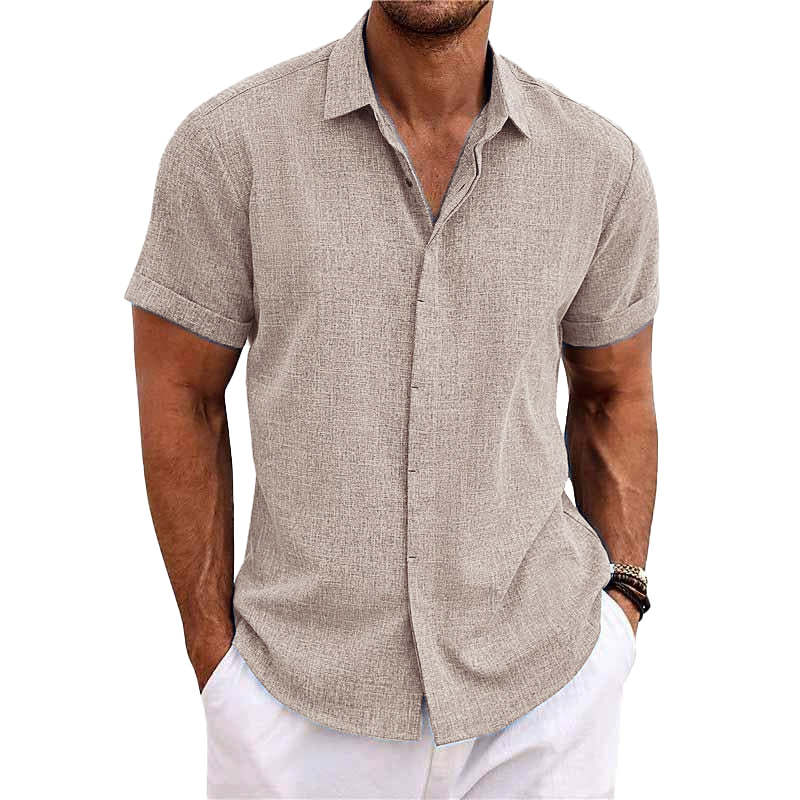 Men's Solid Color Lapel Cotton Linen Short Sleeve Shirt 82339241X