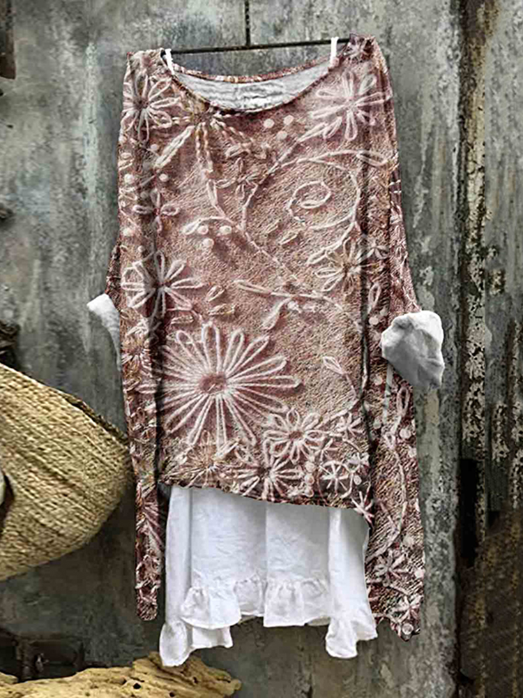Vintage Floral Lace Embroidered Linen Blend Flowy Tunic