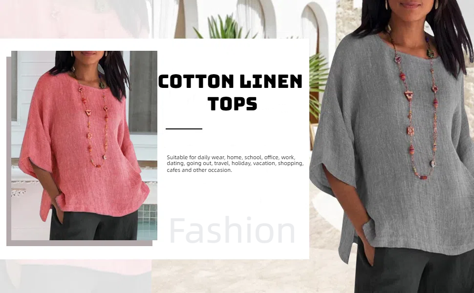 Plus Size 3/4 Length Sleeve Casual Loose Fit Round Neck Tees 2025 Summer Fashion Cotton Linen Shirts