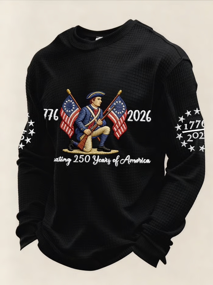 Men's Vintage American Flag Print Top - 250th Anniversary (1776-2026) Patriotic Soldier Embroidery Waffle Knit Long Sleeve Crew Neck Casual Tee