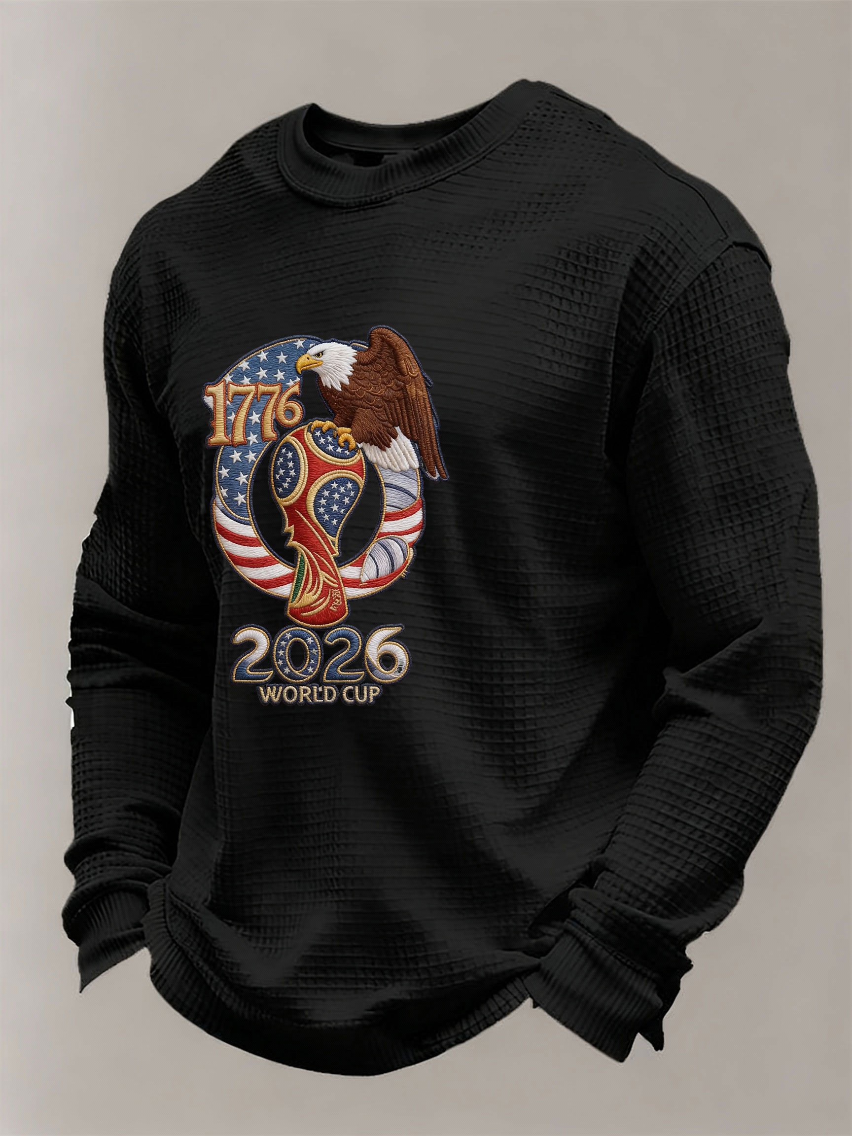 Men's US 250th Anniversary 1776-2026 Waffle-Knit Long Sleeve – Eagle & World Cup Patriotic Graphic Tee
