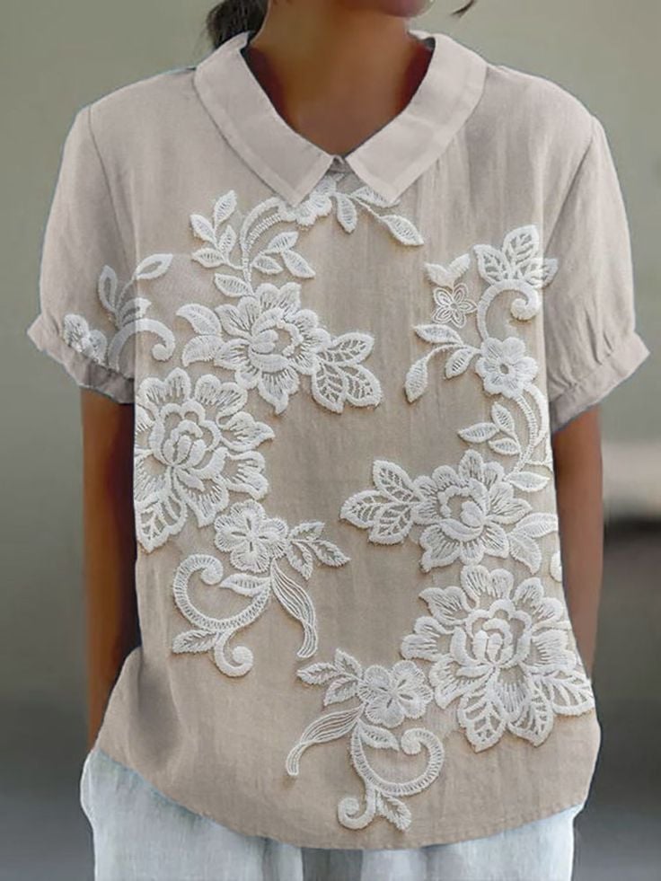 Women's Casual Lace Floral Embroidery Print Shirt